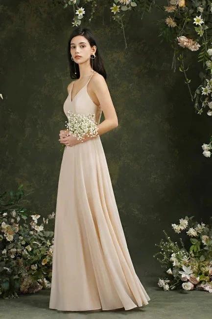 Simple Champagne Spaghetti Straps Sleeveless A-Line Satin Prom Dresses with Ruffles by misshow.com
