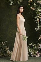 Simple Champagne Spaghetti Straps Sleeveless A-Line Satin Prom Dresses with Ruffles by misshow.com