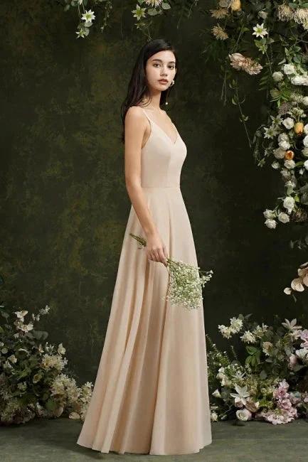 Simple Champagne Spaghetti Straps Sleeveless A-Line Satin Prom Dresses with Ruffles by misshow.com