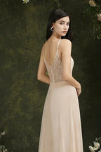 Simple Champagne Spaghetti Straps Sleeveless A-Line Satin Prom Dresses with Ruffles by misshow.com