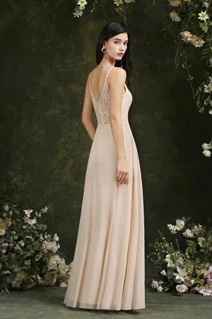 Simple Champagne Spaghetti Straps Sleeveless A-Line Satin Prom Dresses with Ruffles by misshow.com