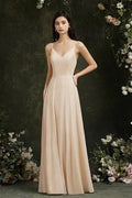 Simple Champagne Spaghetti Straps Sleeveless A-Line Satin Prom Dresses with Ruffles by misshow.com