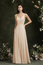 Simple Champagne Spaghetti Straps Sleeveless A-Line Satin Prom Dresses with Ruffles by misshow.com