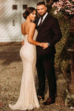 Simple Champagne Strapless Sequins Column Prom Dresses with Slit by misshow.com