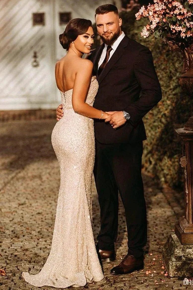 Simple Champagne Strapless Sequins Column Prom Dresses with Slit by misshow.com