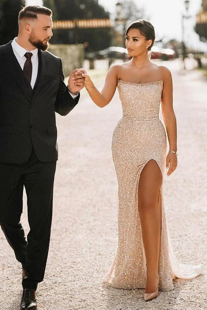 Simple Champagne Strapless Sequins Column Prom Dresses with Slit by misshow.com