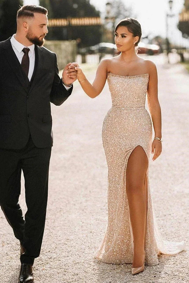 Simple Champagne Strapless Sequins Column Prom Dresses with Slit by misshow.com