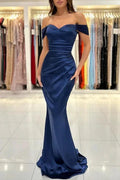 Simple Dark Navy Long Mermaid Off the shoulder Satin Prom Dress by BIZTUNNEL
