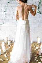Simple Deep V-neck Sweep Train Ivory Wedding Dresses With Straps WD010 by pgmdress