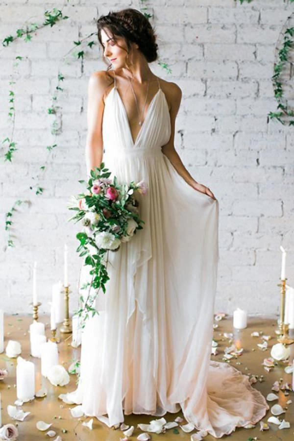 Simple Deep V-neck Sweep Train Ivory Wedding Dresses With Straps WD010 by pgmdress