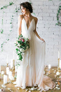 Simple Deep V-neck Sweep Train Ivory Wedding Dresses With Straps WD010 by pgmdress