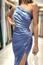 Simple Dusty Blue Long One Shoulder Sleeveless Prom Dresses With Slit by misshow.com