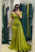 Simple Green Off-the-shoulder Satin Mermaid Evening Party Dresses Prom Dresses With Ruffles by misshow.com