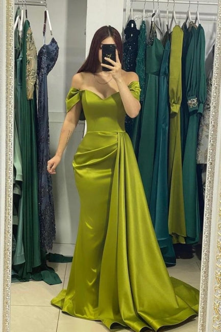 Simple Green Off-the-shoulder Satin Mermaid Evening Party Dresses Prom Dresses With Ruffles Hover Image