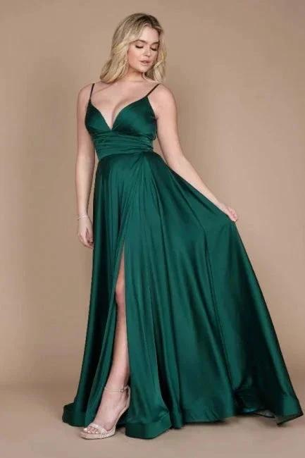 Simple Green Spaghetti Straps Sleeveless Column Satin Prom Dresses with Ruffles by misshow.com