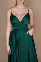 Simple Green Spaghetti Straps Sleeveless Column Satin Prom Dresses with Ruffles by misshow.com