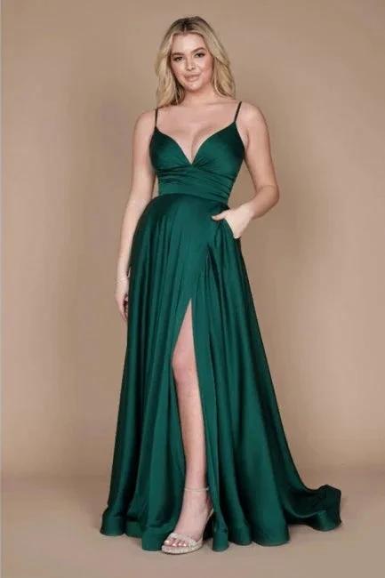 Simple Green Spaghetti Straps Sleeveless Column Satin Prom Dresses with Ruffles by misshow.com