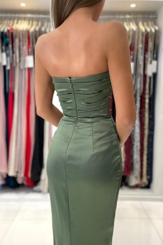 Simple Green Strapless Sleeveless Mermaid Elastic Woven Satin Floor-Length Prom Dresses