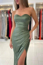 Simple Green Strapless Sleeveless Mermaid Elastic Woven Satin Floor-Length Prom Dresses by misshow.com