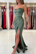 Simple Green Strapless Sleeveless Mermaid Elastic Woven Satin Floor-Length Prom Dresses by misshow.com