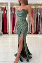 Simple Green Strapless Sleeveless Mermaid Elastic Woven Satin Floor-Length Prom Dresses by misshow.com