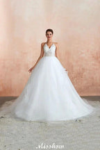 Simple Halter Ball Gown Open Back Lace Bridal Gown with Chapel Train by misshow.com