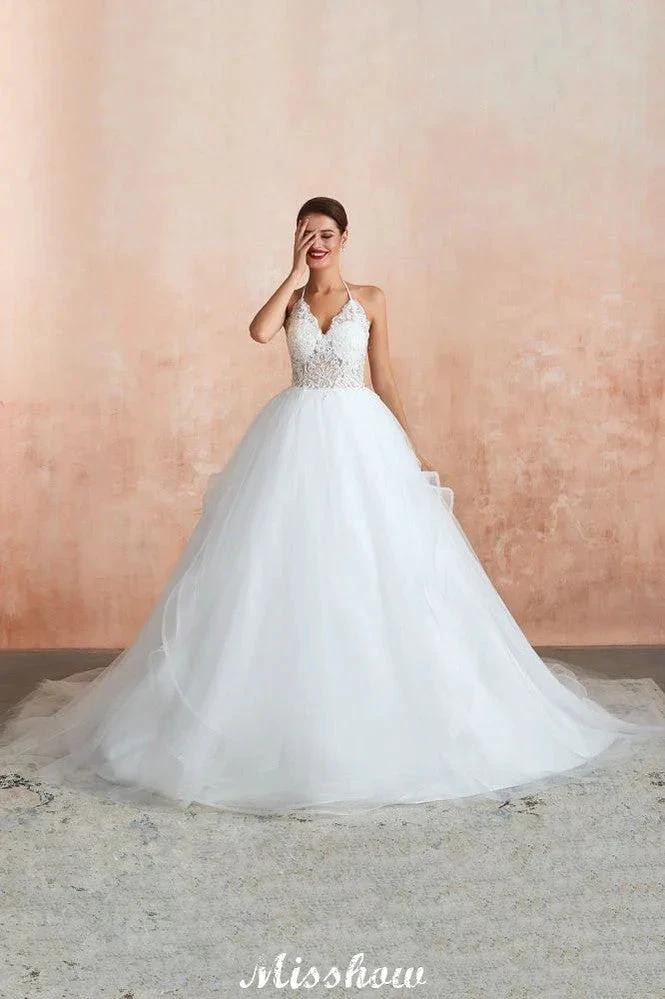 Simple Halter Ball Gown Open Back Lace Bridal Gown with Chapel Train by misshow.com