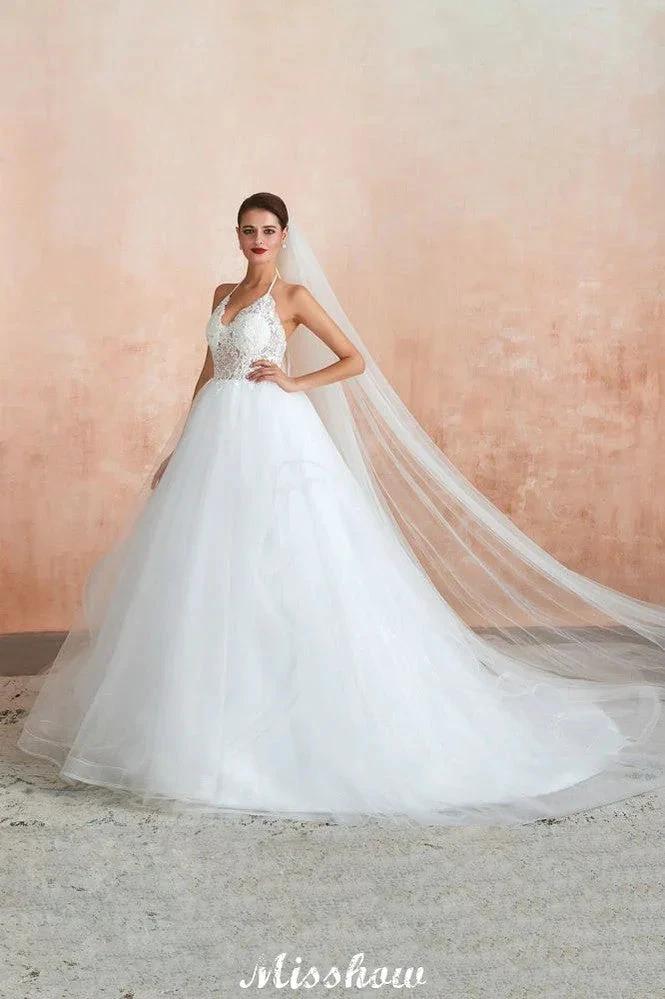 Simple Halter Ball Gown Open Back Lace Bridal Gown with Chapel Train by misshow.com