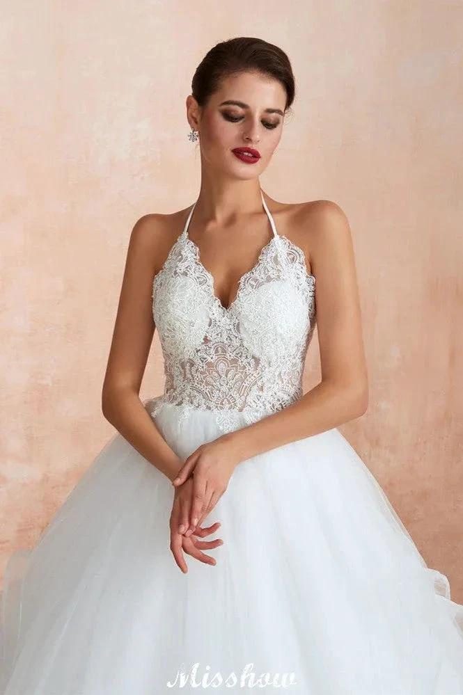 Simple Halter Ball Gown Open Back Lace Bridal Gown with Chapel Train by misshow.com