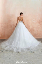 Simple Halter Ball Gown Open Back Lace Bridal Gown with Chapel Train by misshow.com