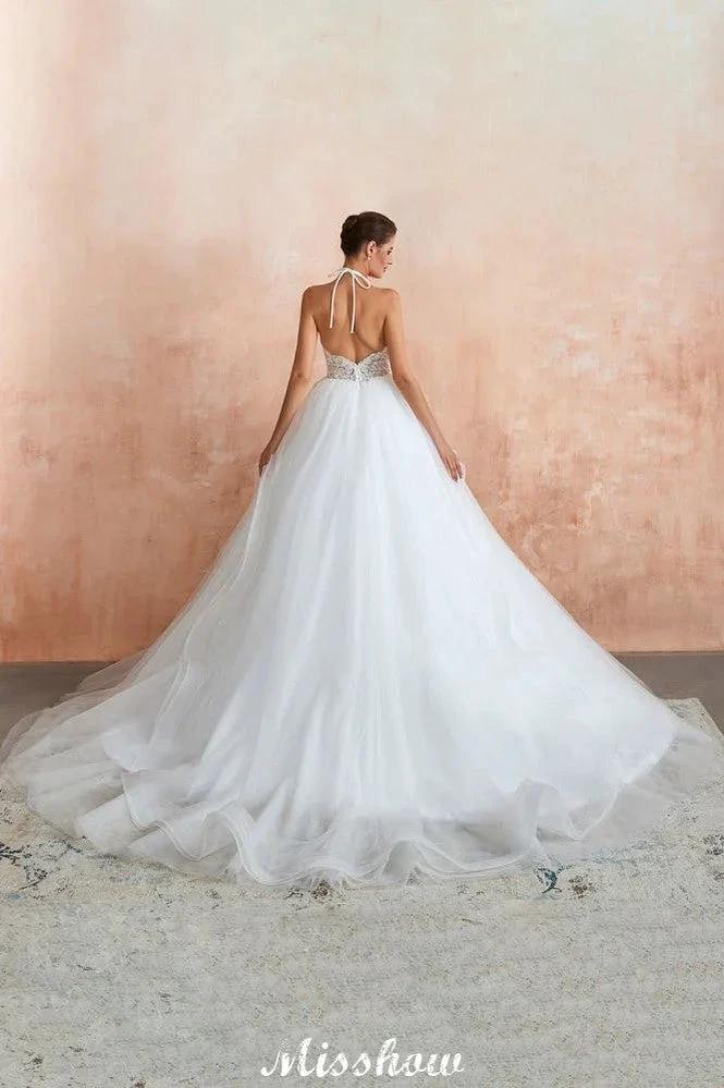 Simple Halter Ball Gown Open Back Lace Bridal Gown with Chapel Train by misshow.com