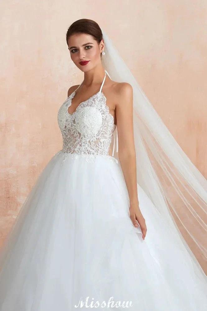 Simple Halter Ball Gown Open Back Lace Bridal Gown with Chapel Train by misshow.com
