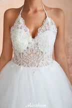 Simple Halter Ball Gown Open Back Lace Bridal Gown with Chapel Train by misshow.com