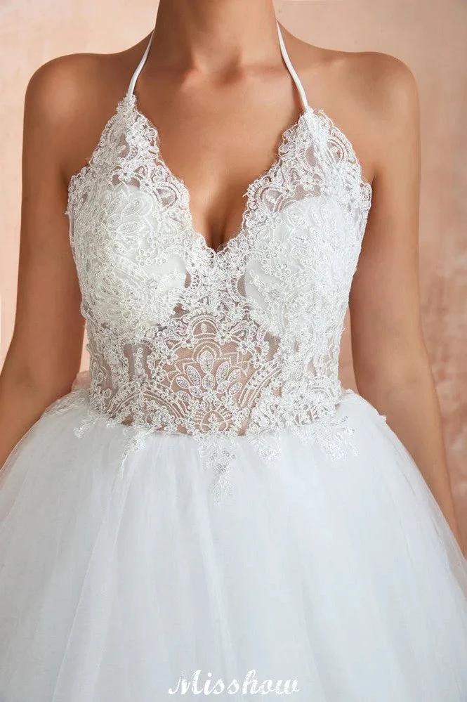 Simple Halter Ball Gown Open Back Lace Bridal Gown with Chapel Train by misshow.com