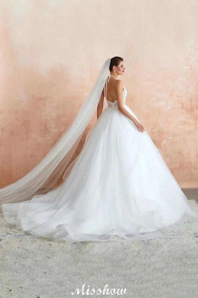 Simple Halter Ball Gown Open Back Lace Bridal Gown with Chapel Train by misshow.com