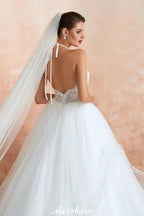 Simple Halter Ball Gown Open Back Lace Bridal Gown with Chapel Train by misshow.com
