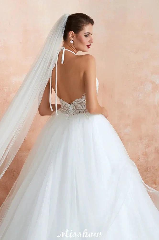 Simple Halter Ball Gown Open Back Lace Bridal Gown with Chapel Train by misshow.com