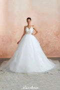 Simple Halter Ball Gown Open Back Lace Bridal Gown with Chapel Train by misshow.com