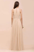 Simple Halter Champagne Slim Long Bridesmaid Dress by misshow.com