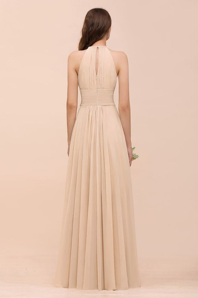 Simple Halter Champagne Slim Long Bridesmaid Dress Main Image