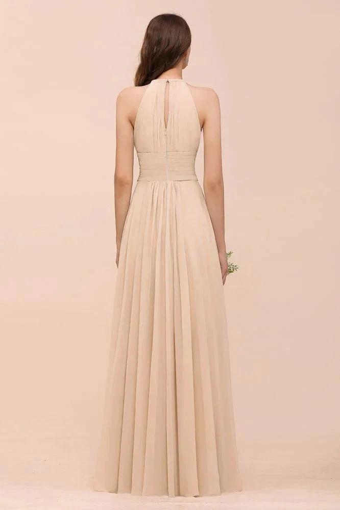 Simple Halter Champagne Slim Long Bridesmaid Dress by misshow.com