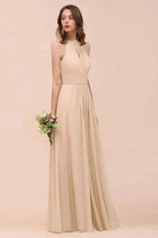 Simple Halter Champagne Slim Long Bridesmaid Dress by misshow.com