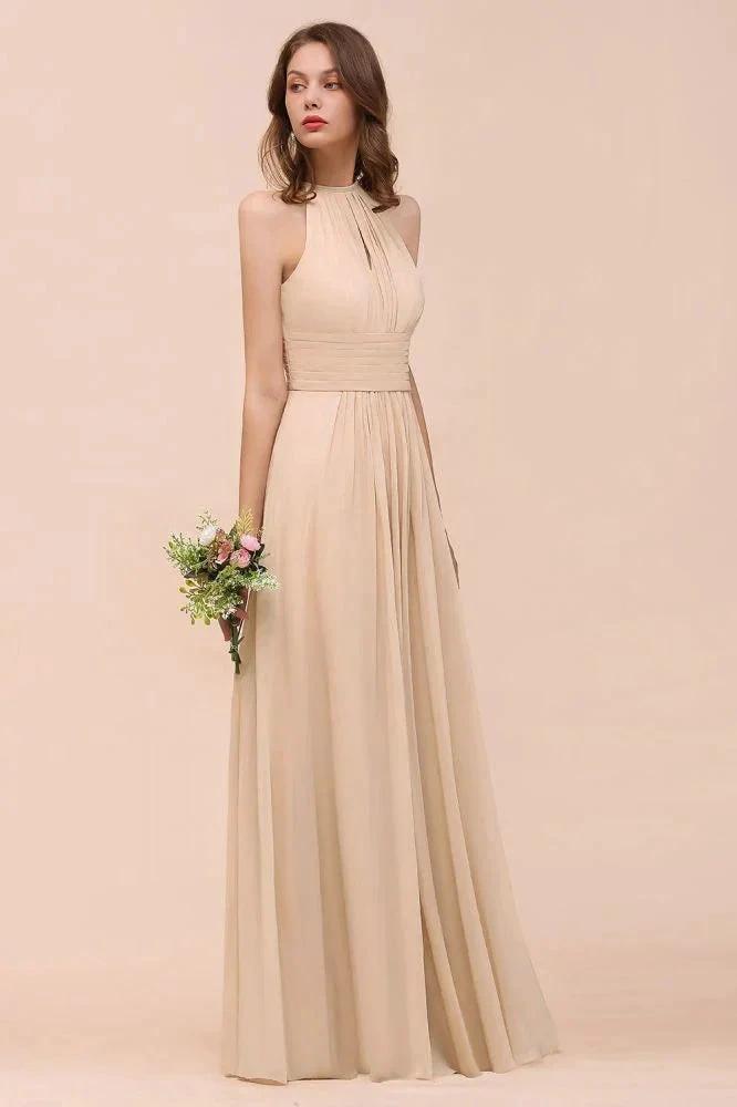 Simple Halter Champagne Slim Long Bridesmaid Dress by misshow.com