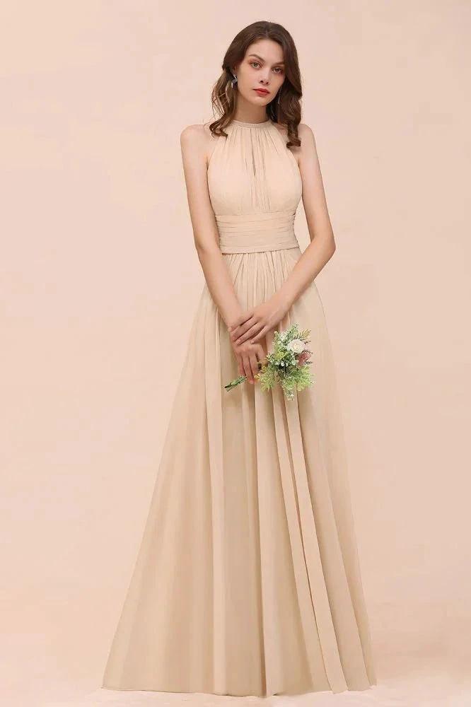Simple Halter Champagne Slim Long Bridesmaid Dress by misshow.com