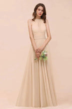 Simple Halter Champagne Slim Long Bridesmaid Dress by misshow.com