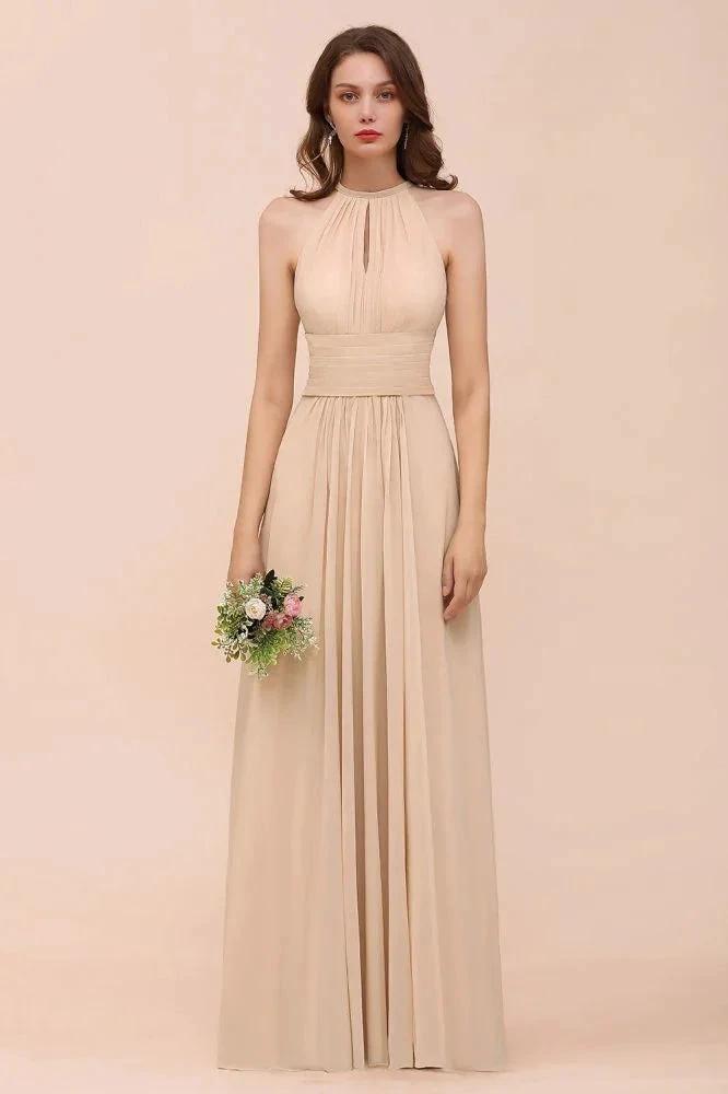 Simple Halter Champagne Slim Long Bridesmaid Dress by misshow.com