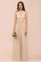 Simple Halter Champagne Slim Long Bridesmaid Dress by misshow.com