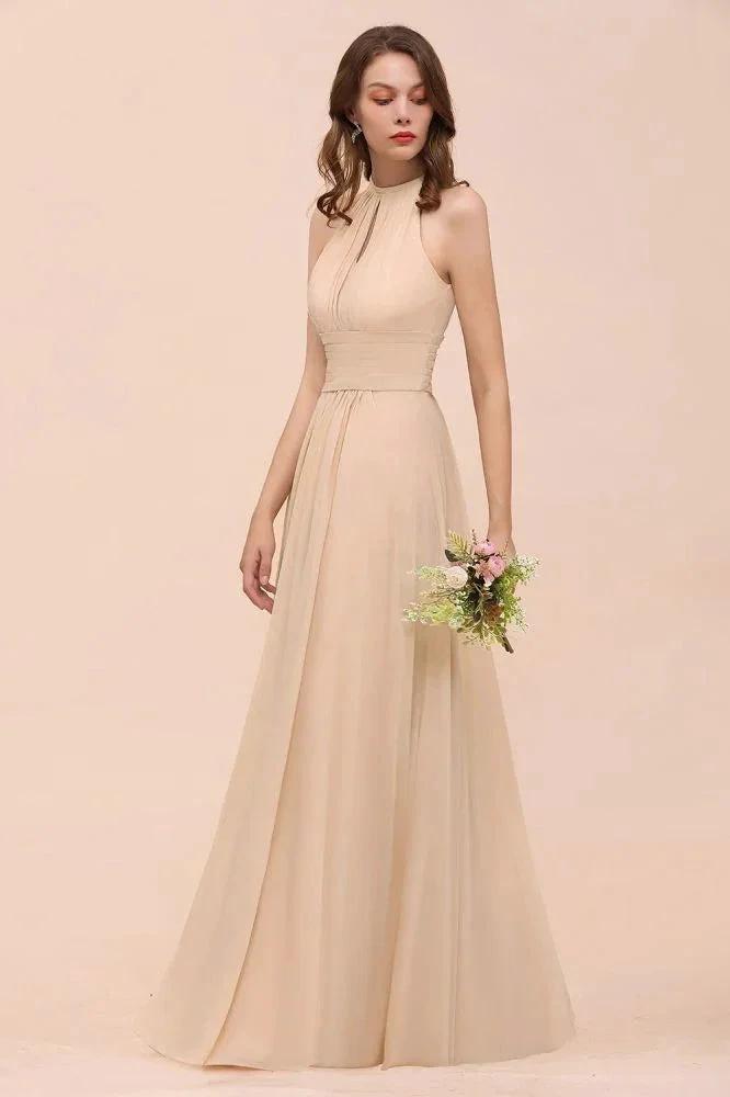 Simple Halter Champagne Slim Long Bridesmaid Dress by misshow.com