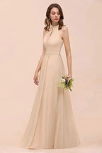 Simple Halter Champagne Slim Long Bridesmaid Dress by misshow.com