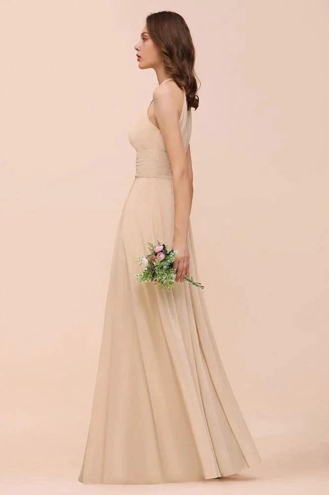 Simple Halter Champagne Slim Long Bridesmaid Dress by misshow.com